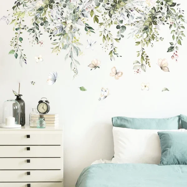 Tropical Green Leaf Butterfly Bedroom Living Room Porch Home Wall Decoration Wall Stickers